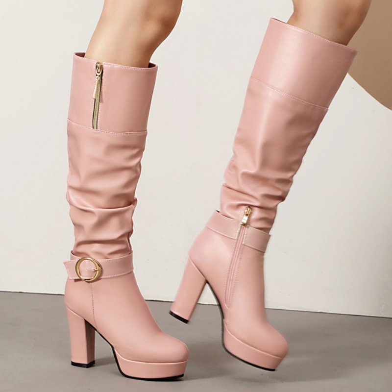 Zip Up Boots Short - Розовые сапоги до колена, женские высокие