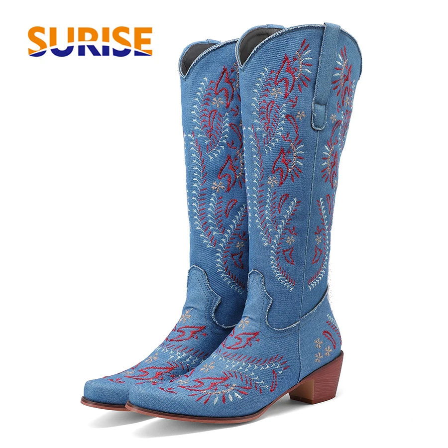 Western Cowgirl Boot - Синие джинсовые сапоги до колена в